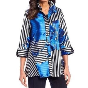IC by Connie K Black White Stripe Blue Floral High Neck Jacket Womens Small